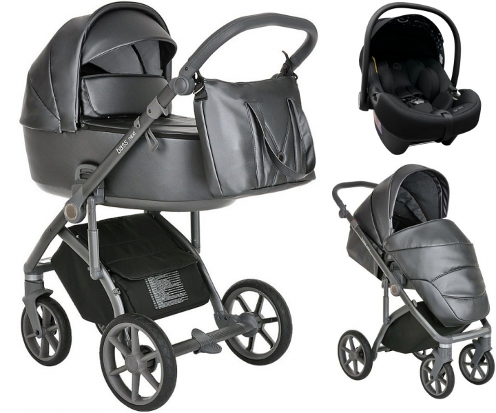 Детская коляска Roan Bass Next Кожа 3 в 1 с автокреслом Tutis Elo Lux EduSky Black RN083/1 Graphite Pearl