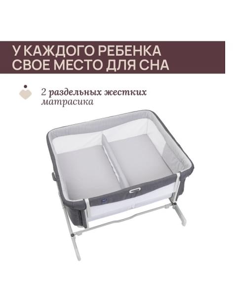 Детская приставная кроватка для двойни Chicco Next2Me Twin, Magnet Grey (Темно-серый)