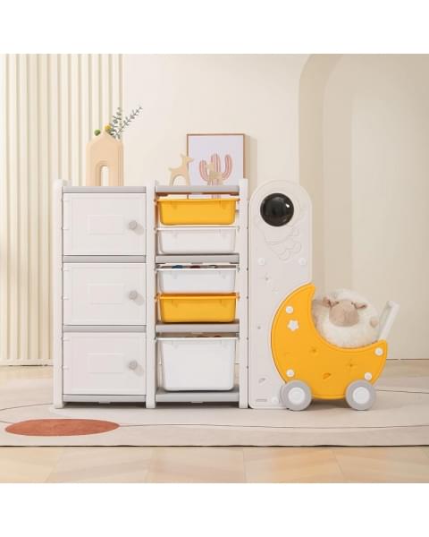 Стеллаж для игрушек UNIX Kids Moon 8 (3 полки + 5 ящиков) желтый/белый
