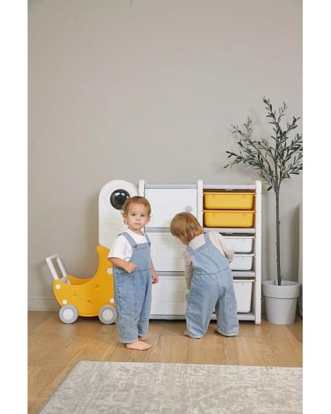 Стеллаж для игрушек UNIX Kids Moon 8 (3 полки + 5 ящиков) желтый/белый