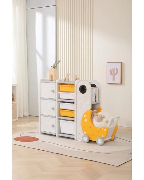 Стеллаж для игрушек UNIX Kids Moon 8 (3 полки + 5 ящиков) желтый/белый