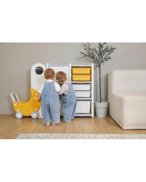 Стеллаж для игрушек UNIX Kids Moon 8 (3 полки + 5 ящиков) желтый/белый