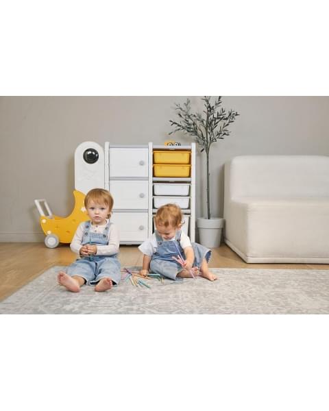 Стеллаж для игрушек UNIX Kids Moon 8 (3 полки + 5 ящиков) желтый/белый