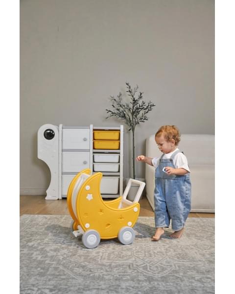 Стеллаж для игрушек UNIX Kids Moon 8 (3 полки + 5 ящиков) желтый/белый