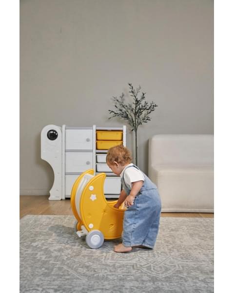 Стеллаж для игрушек UNIX Kids Moon 8 (3 полки + 5 ящиков) желтый/белый