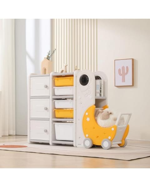Стеллаж для игрушек UNIX Kids Moon 8 (3 полки + 5 ящиков) желтый/белый
