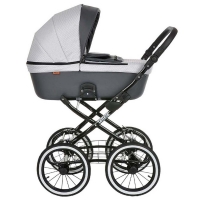 Коляска-люлька Pituso Leticia Classic / колеса d14, Узор White / Black + Кожа New Grey (Белый / Черный / Серый)