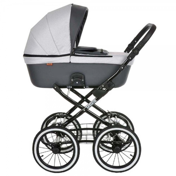 Коляска-люлька Pituso Leticia Classic / колеса d14, Узор White / Black + Кожа New Grey (Белый / Черный / Серый)