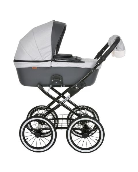 Коляска-люлька Pituso Leticia Classic / колеса d14, Узор White / Black + Кожа New Grey (Белый / Черный / Серый)