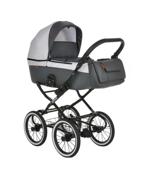 Коляска-люлька Pituso Leticia Classic / колеса d14, Узор White / Black + Кожа New Grey (Белый / Черный / Серый)