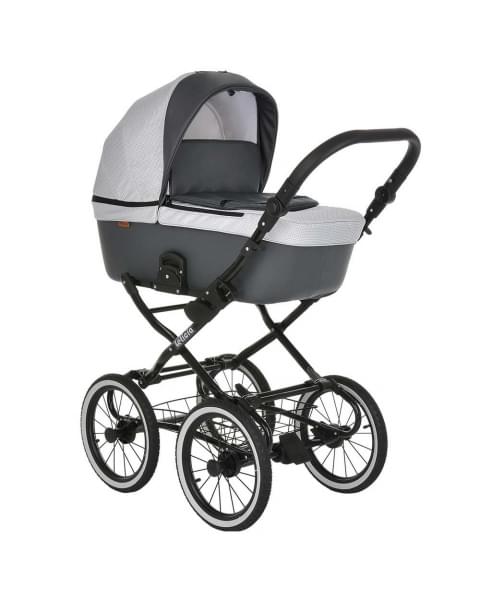 Коляска-люлька Pituso Leticia Classic / колеса d14, Узор White / Black + Кожа New Grey (Белый / Черный / Серый)