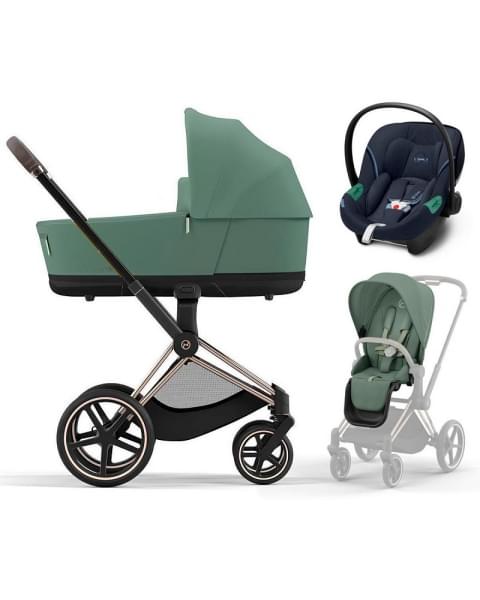 Коляска 3 в 1 Cybex Priam IV Rosegold и автокресло Aton S2 i-Size с базой Base One Leaf Green/Ocean Blue