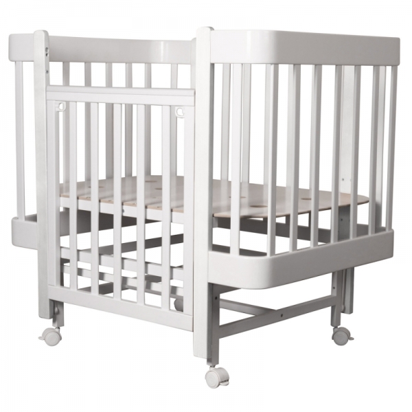 Кровать детская INDIGO Tiny (ложе 100х70, закругленные углы, продольный маятник + колеса) массив б (белый-белый)