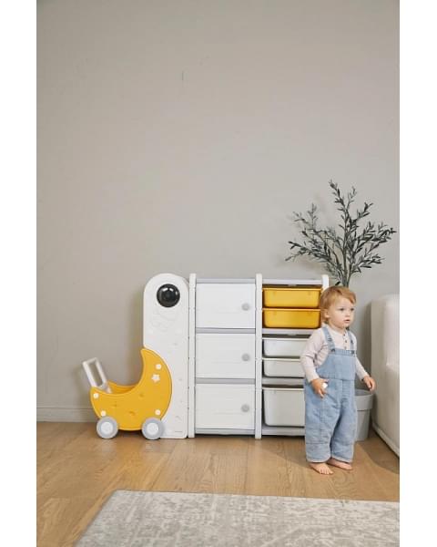 Стеллаж для игрушек UNIX Kids Moon 8 (3 полки + 5 ящиков) желтый/белый