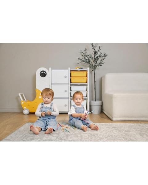 Стеллаж для игрушек UNIX Kids Moon 8 (3 полки + 5 ящиков) желтый/белый