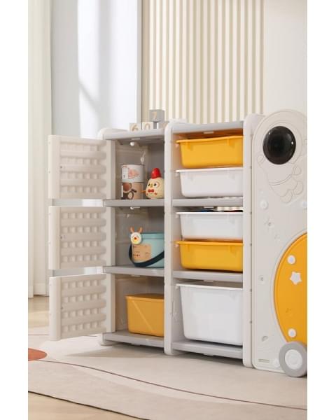 Стеллаж для игрушек UNIX Kids Moon 8 (3 полки + 5 ящиков) желтый/белый