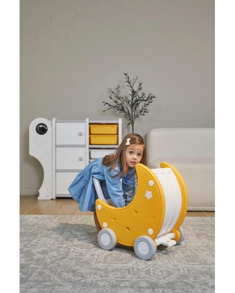 Стеллаж для игрушек UNIX Kids Moon 8 (3 полки + 5 ящиков) желтый/белый