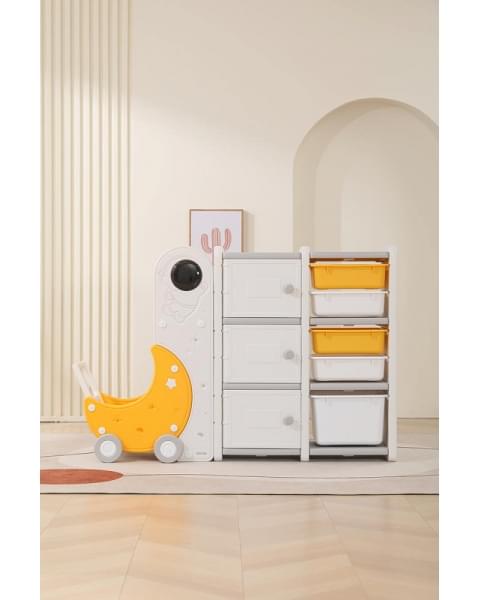 Стеллаж для игрушек UNIX Kids Moon 8 (3 полки + 5 ящиков) желтый/белый