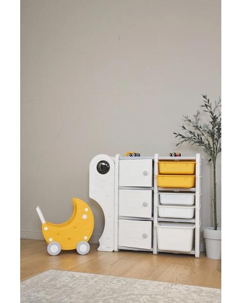 Стеллаж для игрушек UNIX Kids Moon 8 (3 полки + 5 ящиков) желтый/белый