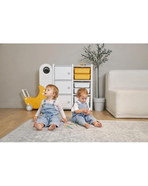 Стеллаж для игрушек UNIX Kids Moon 8 (3 полки + 5 ящиков) желтый/белый