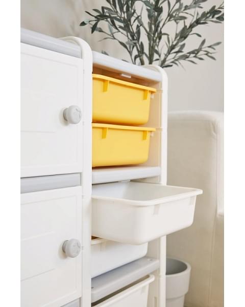 Стеллаж для игрушек UNIX Kids Moon 8 (3 полки + 5 ящиков) желтый/белый