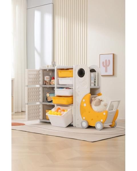 Стеллаж для игрушек UNIX Kids Moon 8 (3 полки + 5 ящиков) желтый/белый