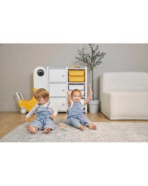 Стеллаж для игрушек UNIX Kids Moon 8 (3 полки + 5 ящиков) желтый/белый