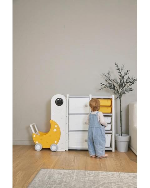 Стеллаж для игрушек UNIX Kids Moon 8 (3 полки + 5 ящиков) желтый/белый