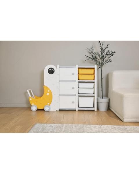 Стеллаж для игрушек UNIX Kids Moon 8 (3 полки + 5 ящиков) желтый/белый