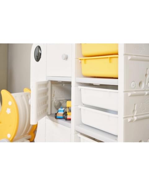 Стеллаж для игрушек UNIX Kids Moon 8 (3 полки + 5 ящиков) желтый/белый