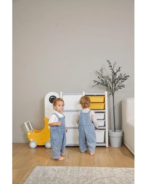 Стеллаж для игрушек UNIX Kids Moon 8 (3 полки + 5 ящиков) желтый/белый