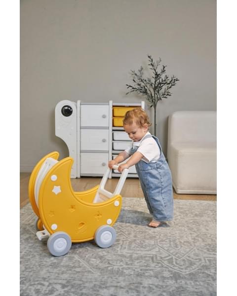 Стеллаж для игрушек UNIX Kids Moon 8 (3 полки + 5 ящиков) желтый/белый