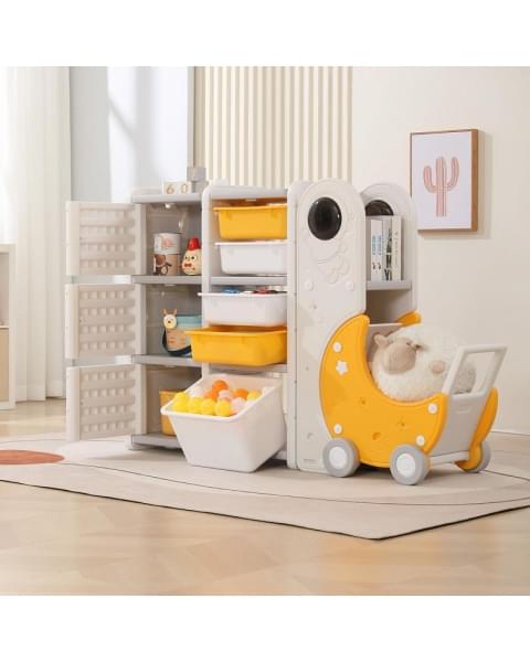 Стеллаж для игрушек UNIX Kids Moon 8 (3 полки + 5 ящиков) желтый/белый