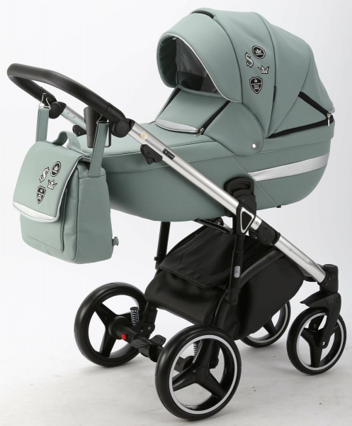Детская коляска Adamex Cortina Deluxe 2 в 1 CT326 (СЕРО-ЗЕЛЕН.КОЖА+СЕРО-ЗЕЛЕН.ОТДЕЛКА+ХРОМ РАМА)
