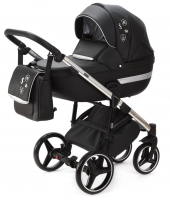 Детская коляска Adamex Cortina Deluxe 3 в 1 CT334/A (ЧЕРН.КОЖА+СЕРЕБ.ОТДЕЛКА+ХРОМ РАМА)