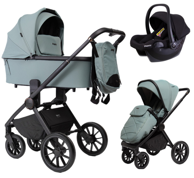 Детская коляска Peppy Monaco 3 в 1 с автокреслом Rise Black Mint (мятный), рама черная
