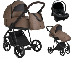 Детская коляска Roan Sol Кожа 3 в 1 с автокреслом Tutis Elo Lux EduSky Black RSL/2025 Camel/Black/руч.Тем.коричневый