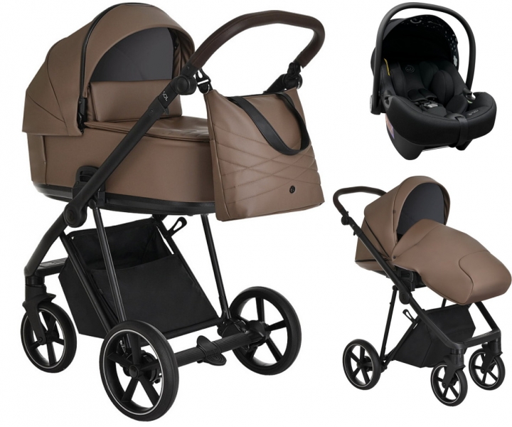 Детская коляска Roan Sol Кожа 3 в 1 с автокреслом Tutis Elo Lux EduSky Black RSL/2025 Camel/Black/руч.Тем.коричневый