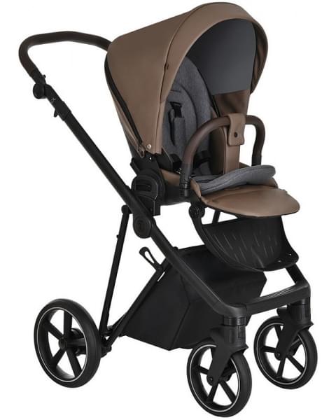 Детская коляска Roan Sol Кожа 3 в 1 с автокреслом Tutis Elo Lux EduSky Black RSL/2025 Camel/Black/руч.Тем.коричневый