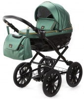 Детская коляска Adamex Chantal Retro Deluxe 3 в 1 C105B  (ИЗУМРДНАЯ 100% КОЖА-ЗОЛОТЫЕ МОЛНИИ)