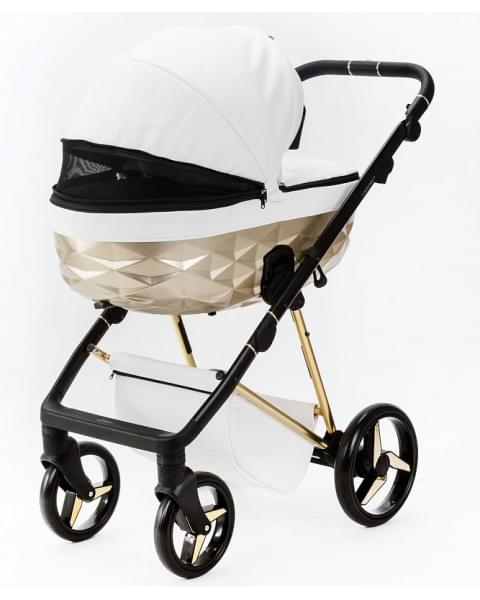 Детская коляска Adamex Quantum Star Deluxe 3 в 1 Q-STAR104-K (БЕЛ.КОЖА+ЗОЛОТО РАМА)