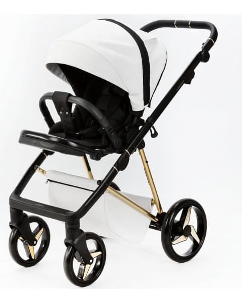 Детская коляска Adamex Quantum Star Deluxe 3 в 1 Q-STAR104-K (БЕЛ.КОЖА+ЗОЛОТО РАМА)