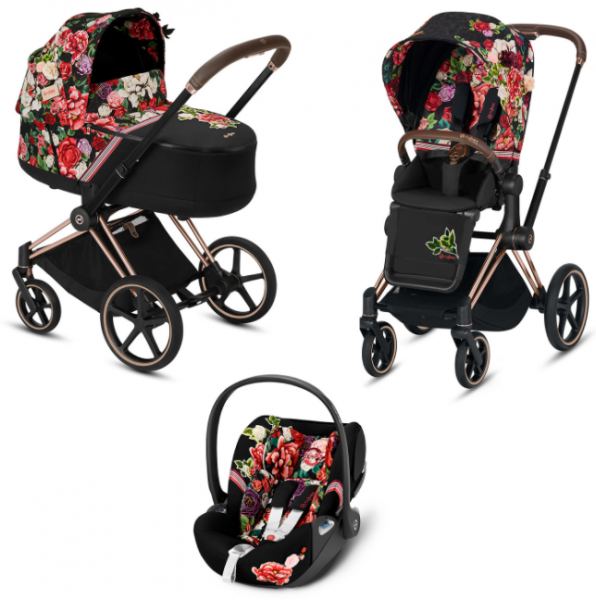 Коляска 3 в 1 Cybex Priam III Spring Blossom шасси Rose Gold, Dark (Темный)