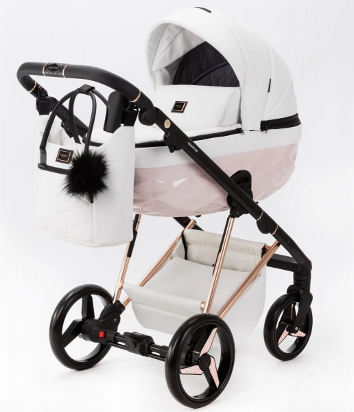 Детская коляска Adamex Quantum Superstar Deluxe 2 в 1 Q-STAR137-K (БЕЛ.КОЖА+РОЗОВ.ДНО+РОЗОВ.ЗОЛОТО РАМА)