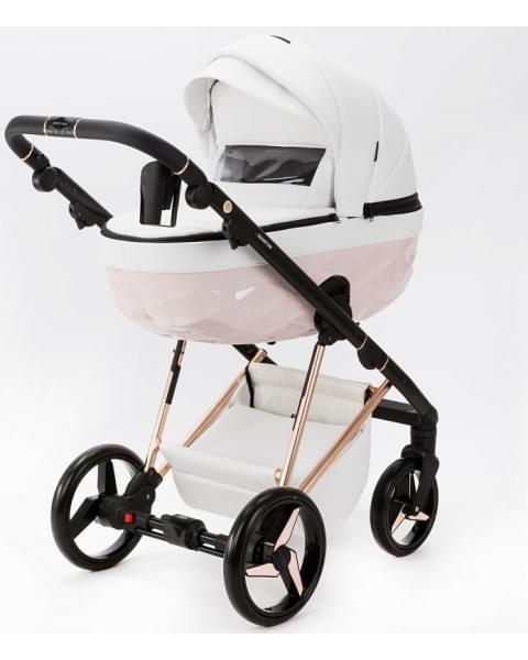 Детская коляска Adamex Quantum Superstar Deluxe 2 в 1 Q-STAR137-K (БЕЛ.КОЖА+РОЗОВ.ДНО+РОЗОВ.ЗОЛОТО РАМА)