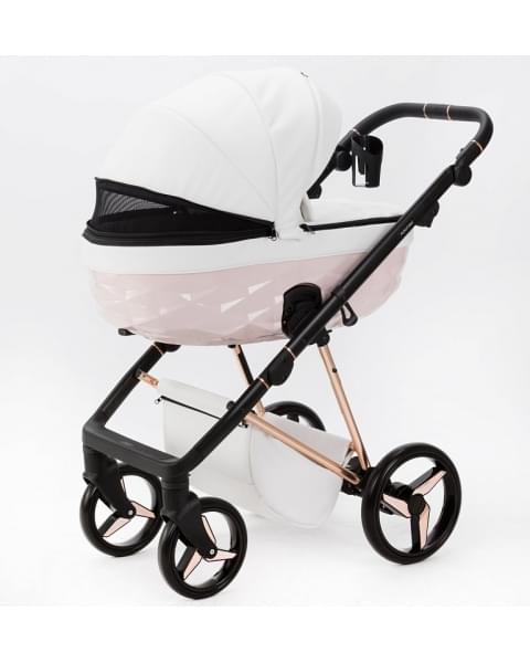 Детская коляска Adamex Quantum Superstar Deluxe 2 в 1 Q-STAR137-K (БЕЛ.КОЖА+РОЗОВ.ДНО+РОЗОВ.ЗОЛОТО РАМА)