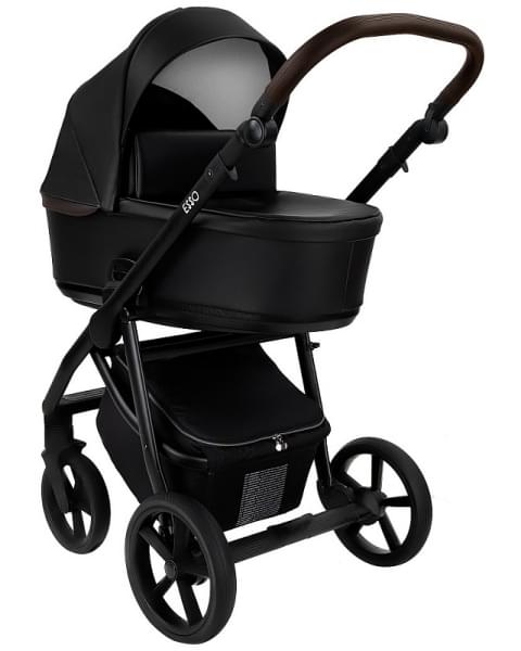 Детская коляска Roan Esso 2025 Кожа 2 в 1 ESSK/210/1 Black /Black/руч.Тем.коричневый