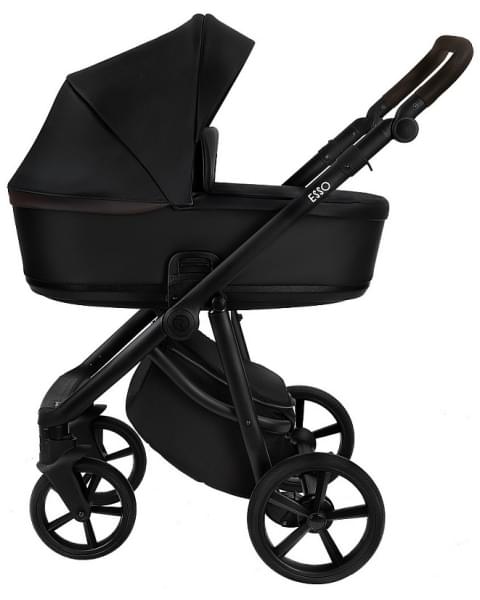 Детская коляска Roan Esso 2025 Кожа 2 в 1 ESSK/210/1 Black /Black/руч.Тем.коричневый