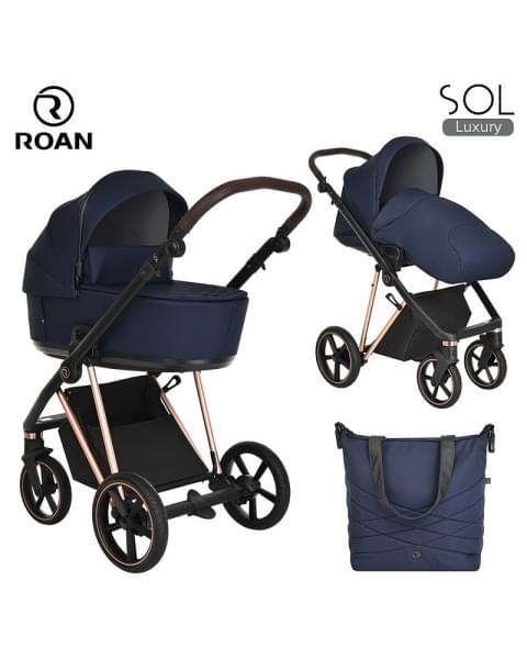 Детская коляска Roan Sol Luxury 3 в 1 с автокреслом Tutis Elo Lux EduSky Black RSL/4047 Mystic Blue/Rose Gold
