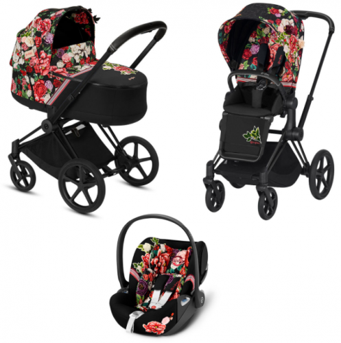 Коляска 3 в 1 Cybex Priam III Spring Blossom шасси Matt Black, Dark (Темный)